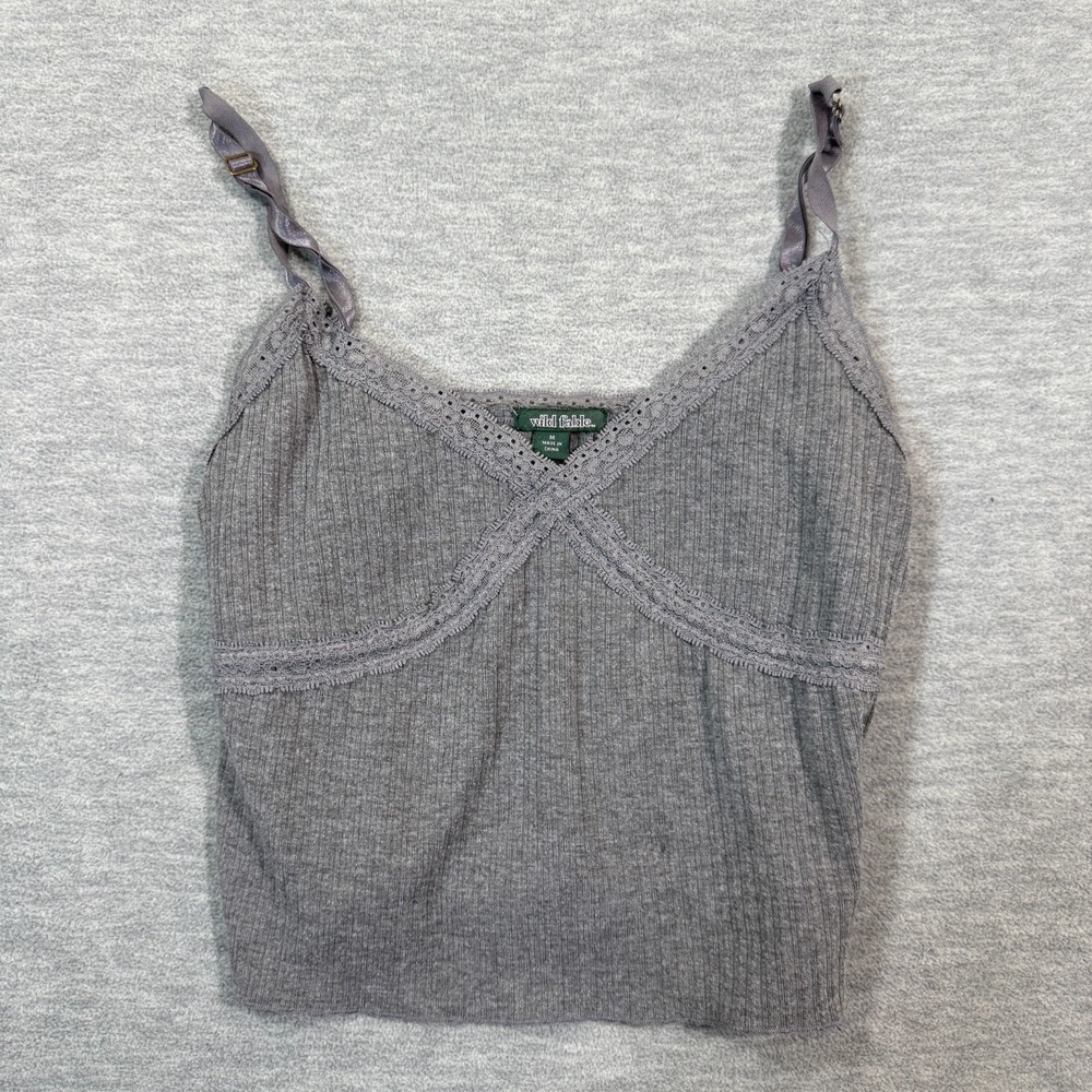 Wild Fable Tank Top Women Medium Gray Ribbed Lace Trim Cami Sleeveless Y2K Core